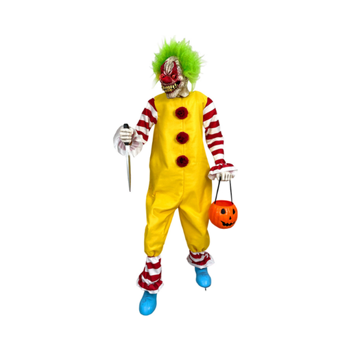 Animatronic payaso loco de 182 cm con traje amarillo, mangas a rayas rojas y blancas, pelo verde, cuchillo y balde de calabaza