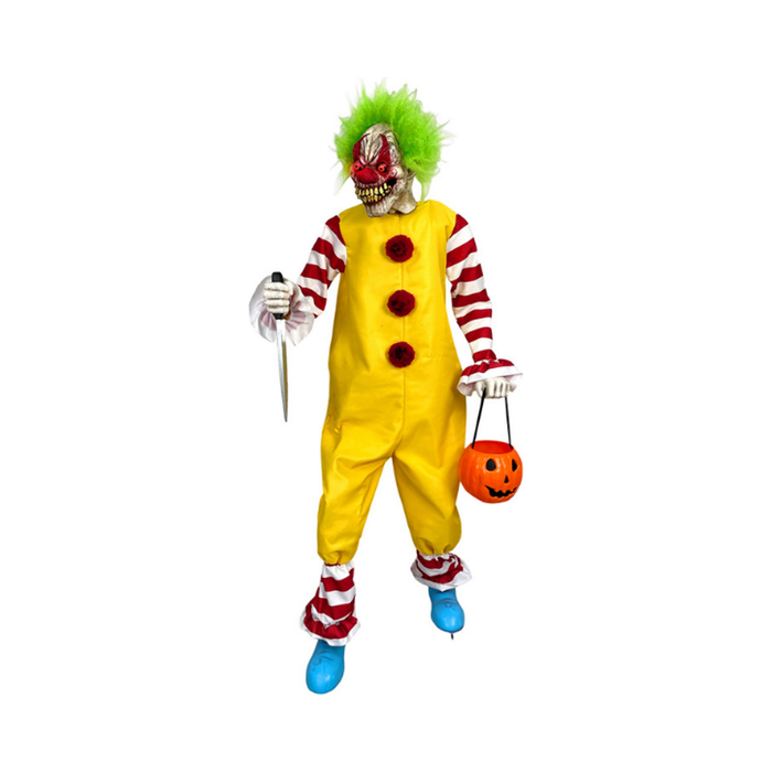 Animatronic payaso loco de 182 cm con traje amarillo, mangas a rayas rojas y blancas, pelo verde, cuchillo y balde de calabaza