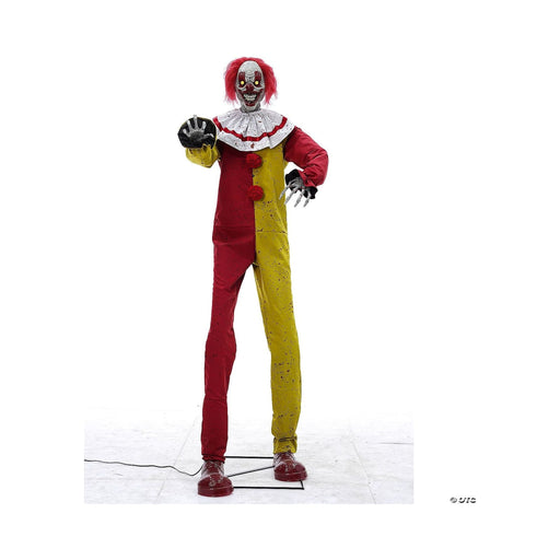 Animatronic payaso Pesky de 213 cm con traje rojo y amarillo y manos esqueléticas
