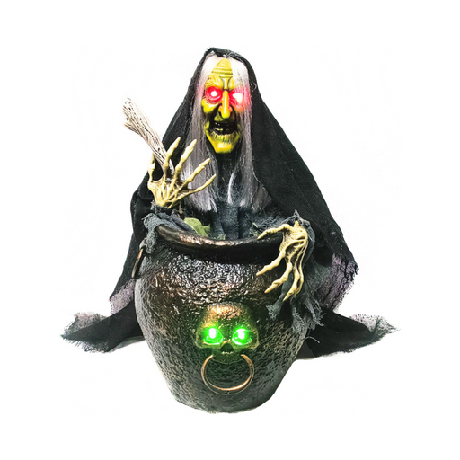 Animatrónico de bruja de cara verde con capa negra sobre caldero oscuro con calavera