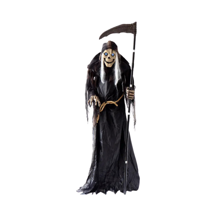 Animatrónico de la muerte con calavera de ojos luminosos, pelo blanco, túnica negra rasgada y guadaña