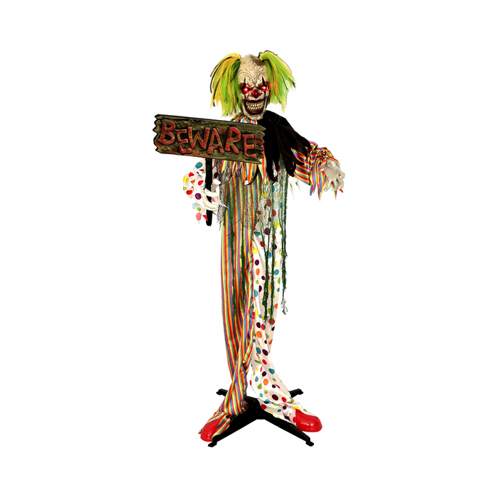 Animatrónico de payaso de terror de pie con pelo verde, traje de colores y letrero BEWARE