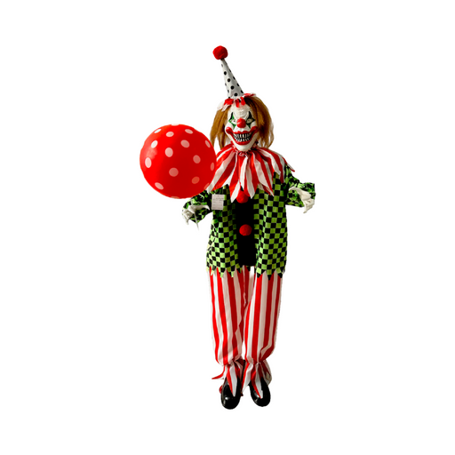 Animatrónico de payaso de terror de pie con globo rojo, traje a rayas y camisa a cuadros verde