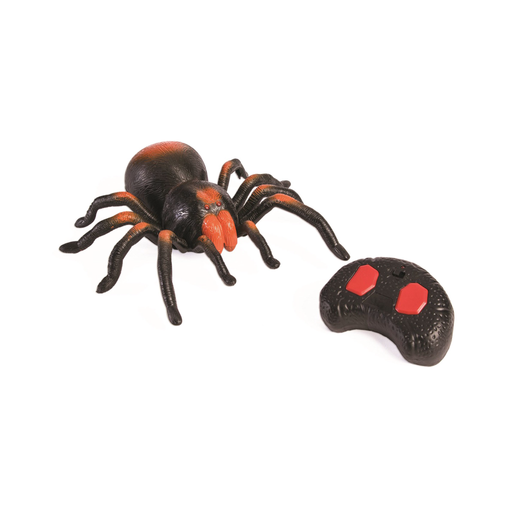 Araña negra con detalles naranjos y control remoto negro con botones rojos