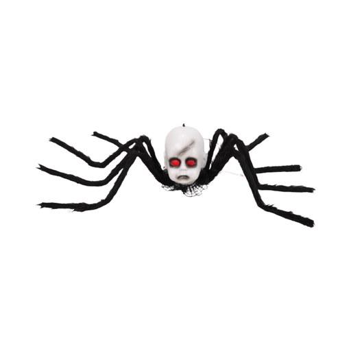 Araña negra de patas peludas con cabeza de muñeca blanca y ojos rojos iluminados