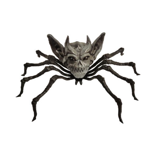 Araña gremlin de Halloween con cabeza de monstruo gris, orejas puntiagudas, colmillos y patas negras