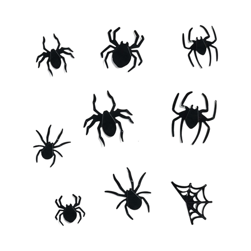 Set de 9 piezas decorativas negras: 8 arañas de distintos tamaños y una telaraña