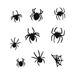 Set de 9 piezas decorativas negras: 8 arañas de distintos tamaños y una telaraña
