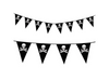 Banderín pirata con banderitas triangulares negras y calaveras con huesos cruzados