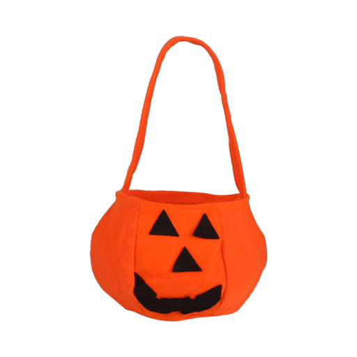 Bolsa para dulces naranja con cara de calabaza negra y asa larga