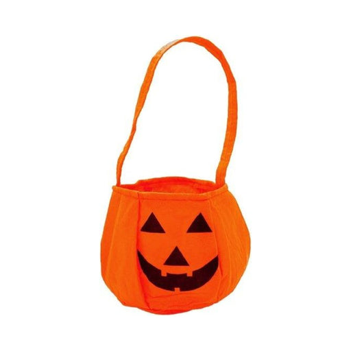 Bolsa para dulces naranja con cara de calabaza de Halloween y asa