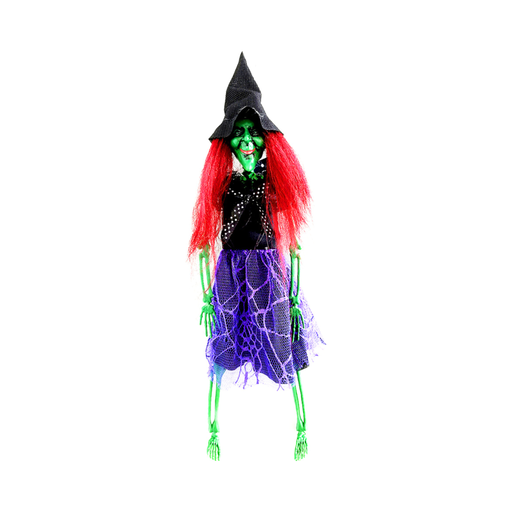 Bruja colgante con cara verde, sombrero negro, pelo rojo, falda de tul morada y brazos y piernas de esqueleto