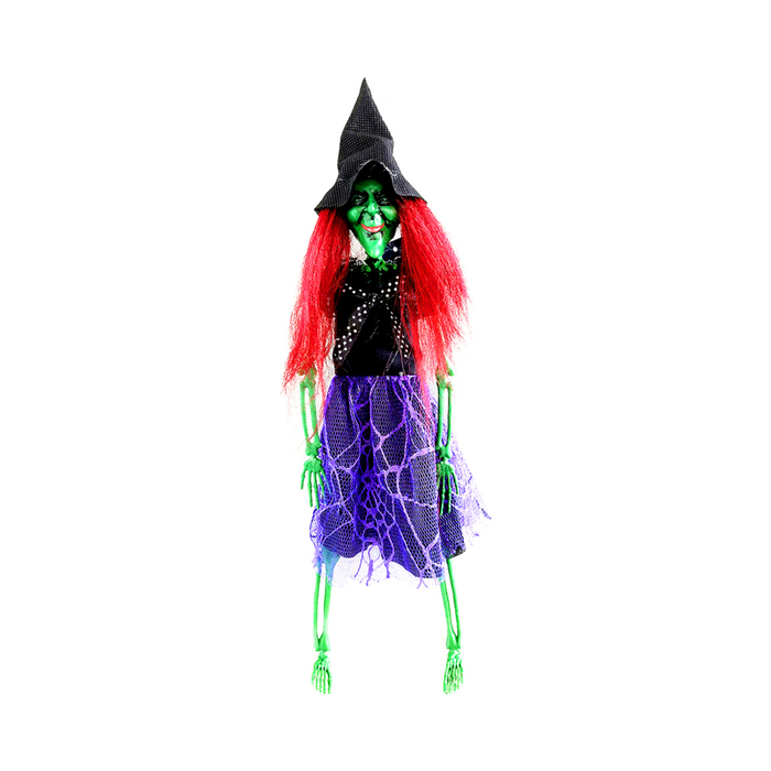 Bruja colgante con cara verde, sombrero negro, pelo rojo, falda de tul morada y brazos y piernas de esqueleto