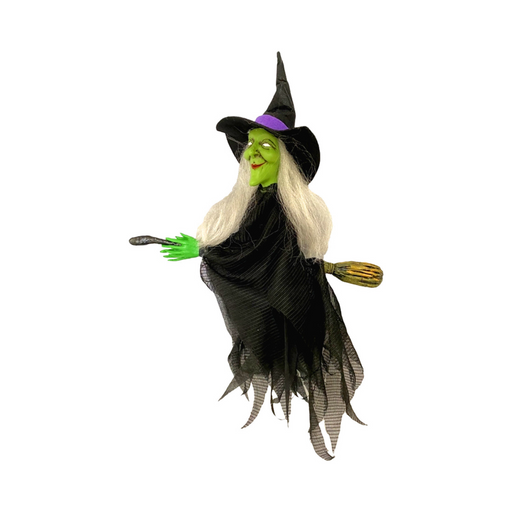 Bruja voladora colgante de cara verde con pelo blanco, sombrero negro y escoba