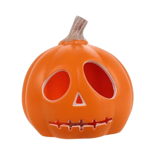 Calabaza naranja de Halloween con ojos redondos, nariz triangular y boca cosida calados
