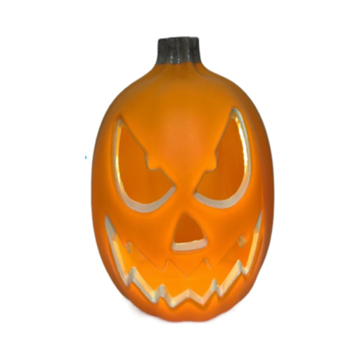 Calabaza naranja de Halloween con cara enojada tallada y luz LED