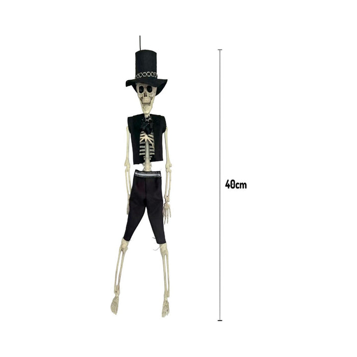 Esqueleto colgante con sombrero de copa negro, chaleco y pantalón negros