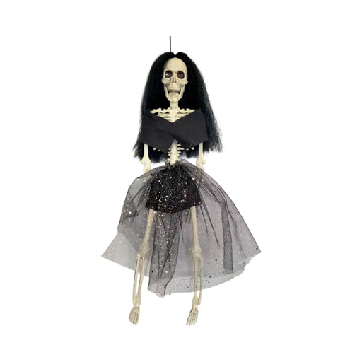 Esqueleto colgante con pelo largo negro y vestido negro con falda de tul brillante