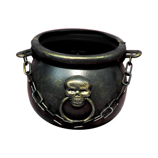 Caldero de bruja oscuro con detalles dorados, calavera con aro al frente y cadena alrededor