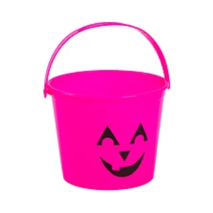 Canasto plástico fucsia con asa y cara de calabaza negra para dulces de Halloween