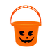 Canasto plástico naranjo con asa calada y cara de calabaza negra para dulces de Halloween