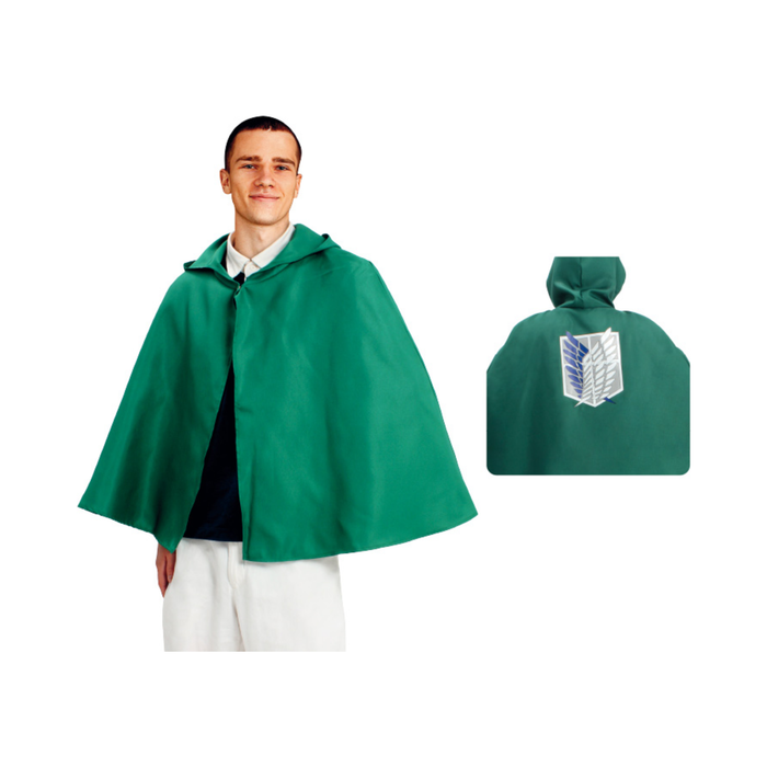 Capa verde con capucha estilo Attack on Titan para adulto, con emblema de alas azul y blanco estampado en la espalda
