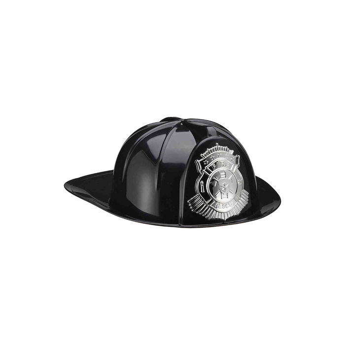 Casco de bombero negro con placa plateada