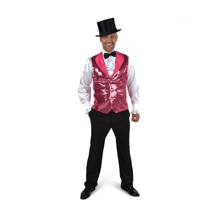 Hombre con chaleco de lentejuelas rosado