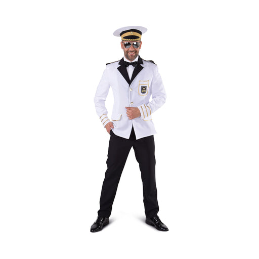 Chaqueta blanca de capitán para hombre con solapas negras y botones dorados