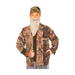 Hombre con chaqueta de cazador de camuflaje tipo bosque, manga larga y bolsillos, con barba y gorro que no están incluidos