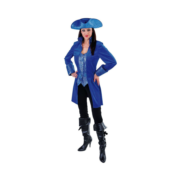 Chaqueta larga azul de marquesa con chaleco azul brillante para mujer