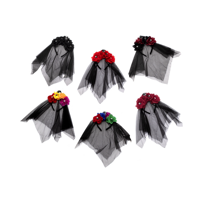 Cintillos con flores y velo negro en diseños surtidos