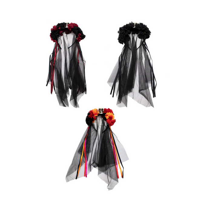Cintillos de catrina con flores, velo negro y cintas