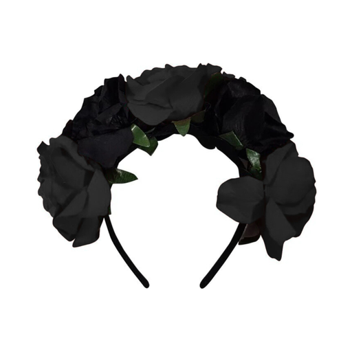 Cintillo negro con rosas negras y hojas verdes