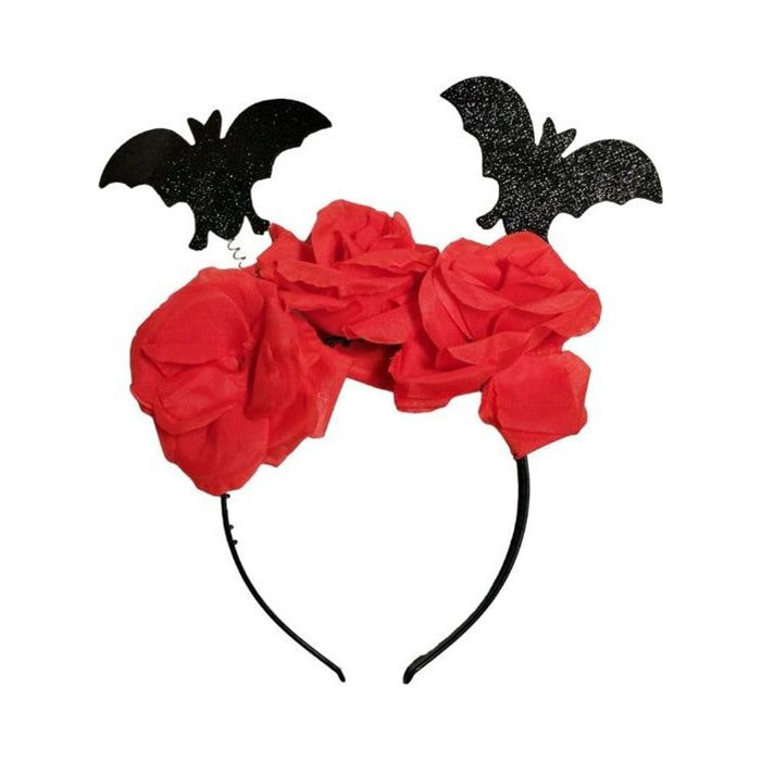 Cintillo de Halloween negro con dos murciélagos negros con brillo y rosas rojas