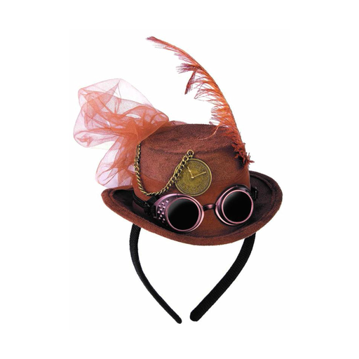 Cintillo con mini sombrero de copa café steampunk con lentes, reloj, pluma y tul