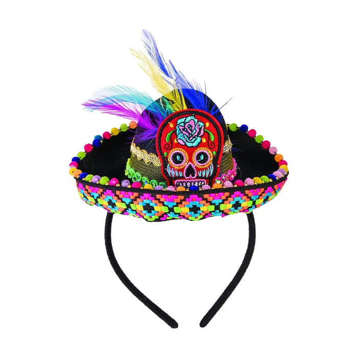 Cintillo negro con mini sombrero de Día de Muertos con calavera bordada, pompones y plumas de colores
