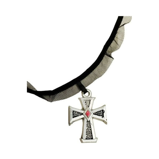 Collar gótico de Halloween con gargantilla de tul negro y cruz plateada con piedra roja