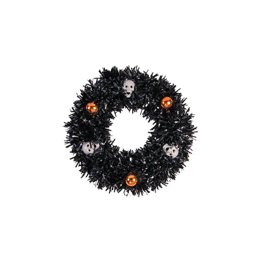 Corona de escarcha negra con calaveras blancas y esferas naranjas