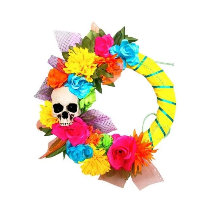 Corona floreada estilo catrina con calavera y flores de colores sobre aro amarillo