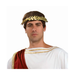Hombre con corona de hojas doradas estilo laurel romano y toga blanca