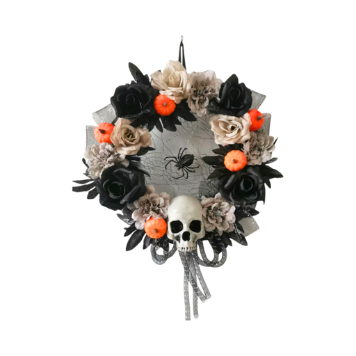 Corona de Halloween para puerta con flores negras y beige, calavera, calabazas y araña