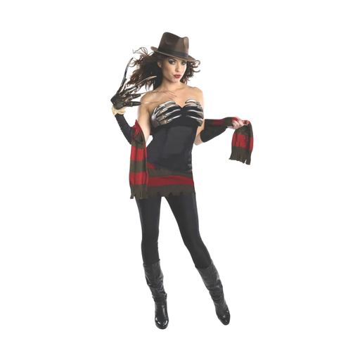 Mujer con corsé negro de Freddy Krueger con estampado de garras y detalles a rayas