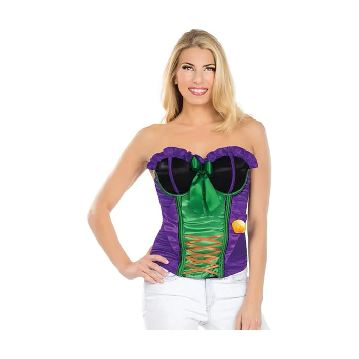 Mujer con corsé del Joker sin tirantes, morado y verde con copas negras, lazo verde y cordón naranjo cruzado