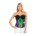 Mujer con corsé del Joker sin tirantes, morado y verde con copas negras, lazo verde y cordón naranjo cruzado
