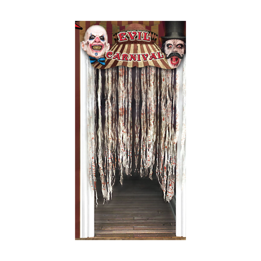 Cortina de puerta de circo maldito con letrero de carpa, cabeza de payaso y maestro de ceremonias y flecos rasgados