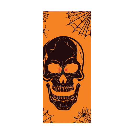 Cubre puerta naranjo con calavera negra de ojos rojos iluminados y telarañas