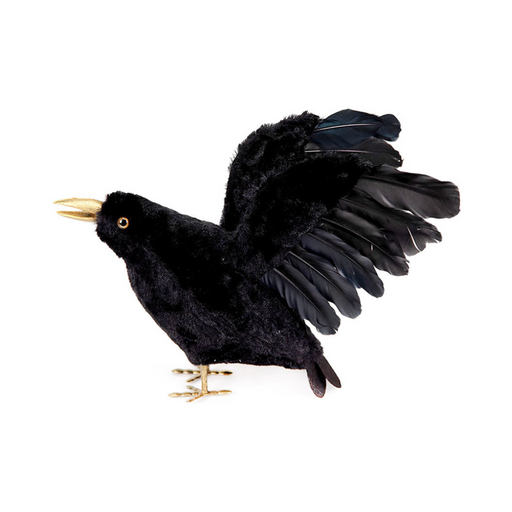 Cuervo negro decorativo con alas abiertas y patas doradas