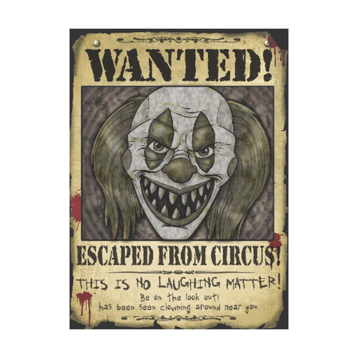 Afiche Wanted de payaso terrorífico escapado del circo con aspecto envejecido