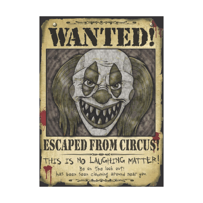 Afiche Wanted de payaso terrorífico escapado del circo con aspecto envejecido
